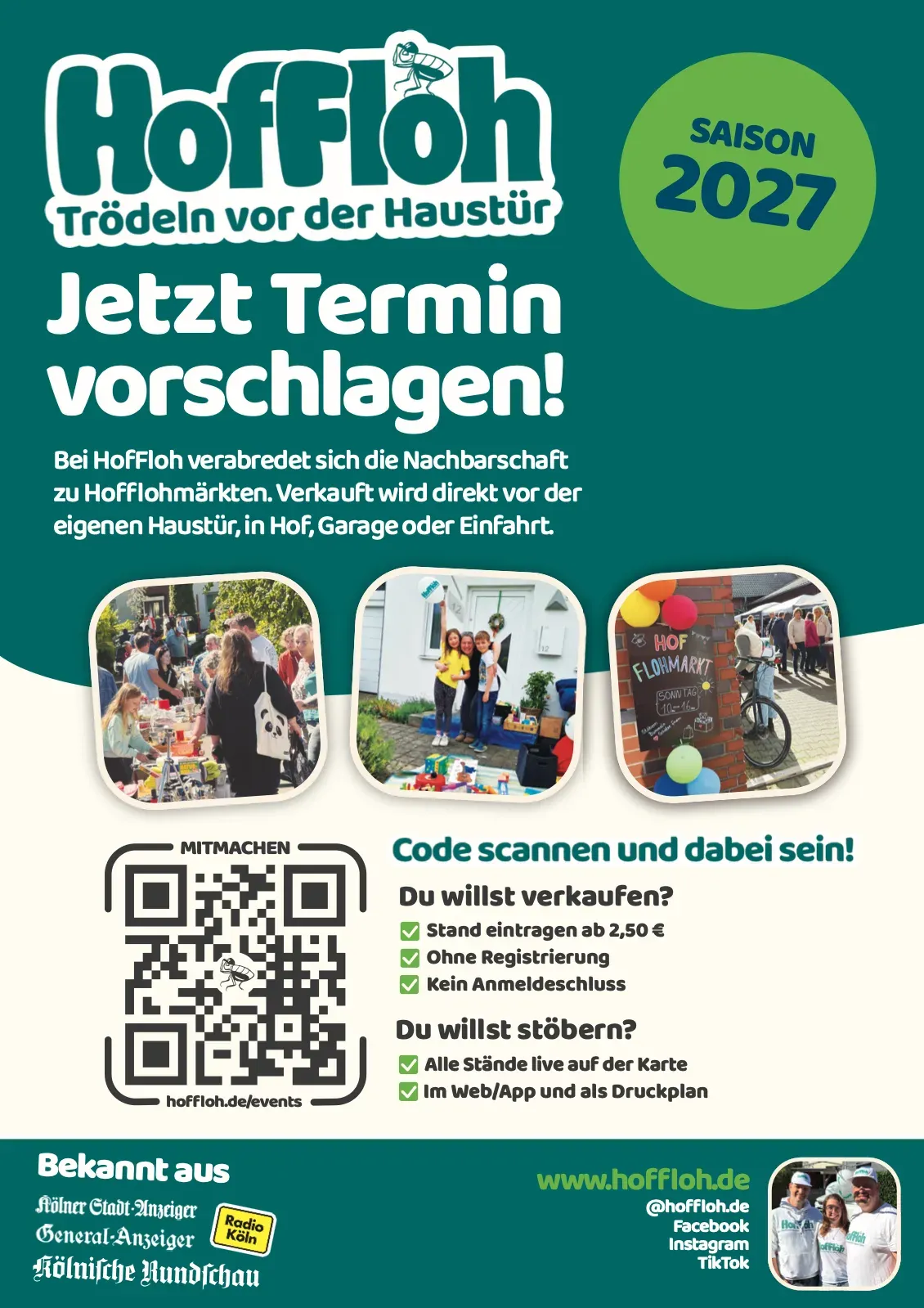 Flyer „HofFloh, Saison 2027, Jetzt Termin vorschlagen!“ mit drei Fotos von Hofflohmärkten, QR-Code zu hoffloh.de/events und den Punkten „Stand eintragen ab 2,50 €, ohne Registrierung, kein Anmeldeschluss“